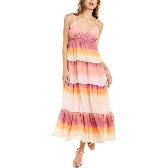 Wayf Delma Tiered Sunset Slipdress in Orange Pink and Ivory tie dye ombré